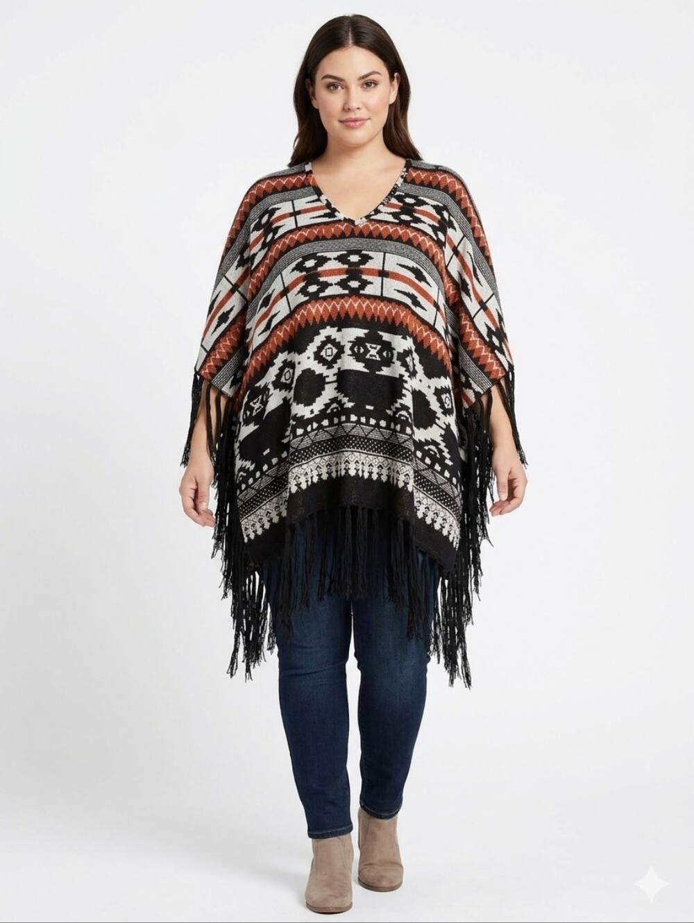 Tyche Aztec Fringe Poncho in Black, White & Rust